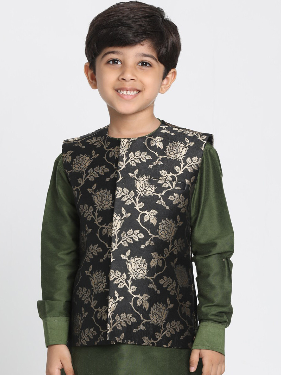 JBN Creation Boys Black Zari Gold Nehru Woven Designed Jacket