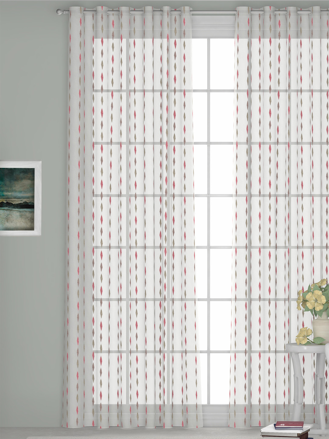 GM Verona Pink & White Geometric Embroidered Sheer Door Curtain