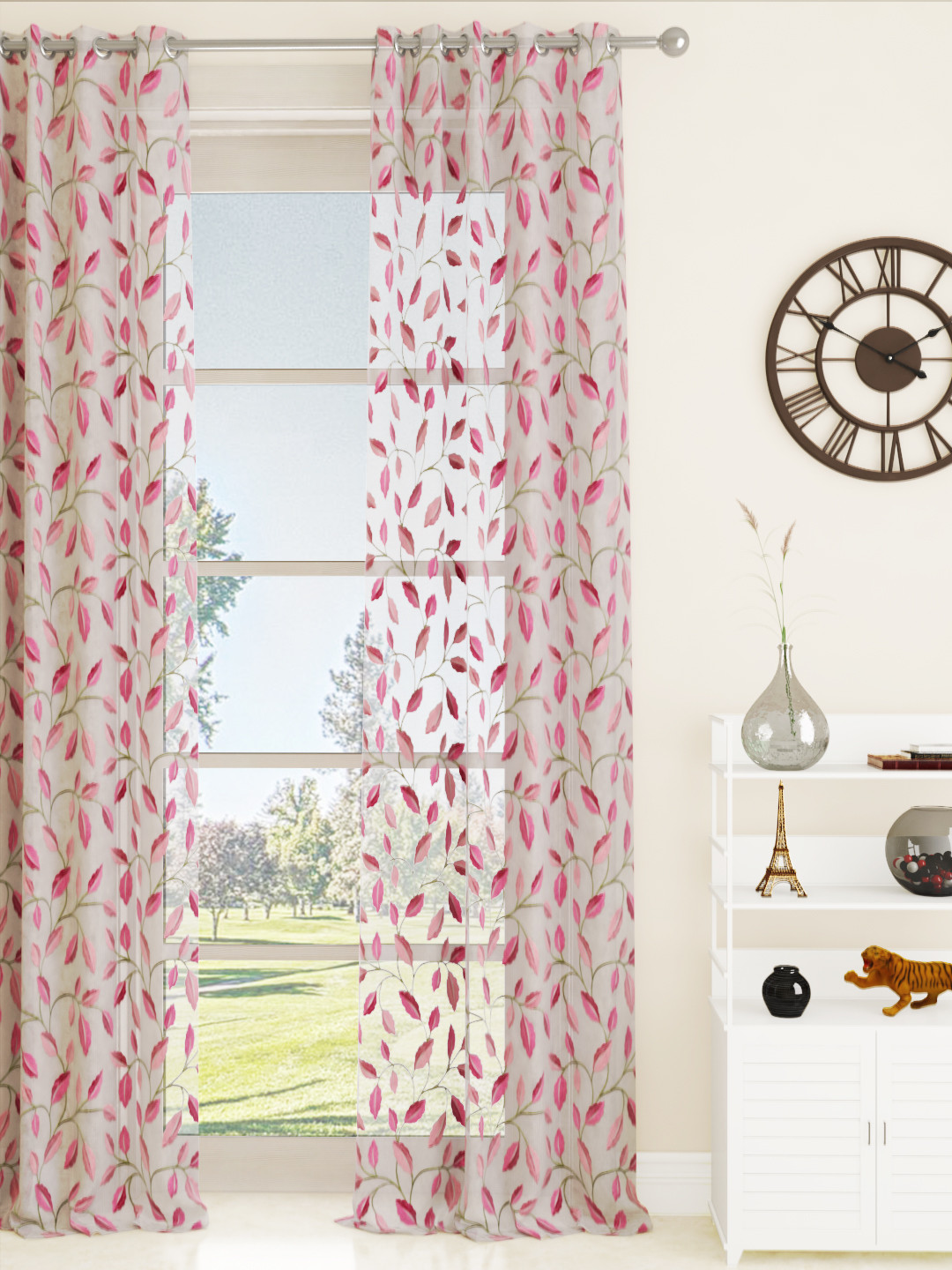 GM Tucson Pink & White Floral Embroidered Sheer Door Curtain