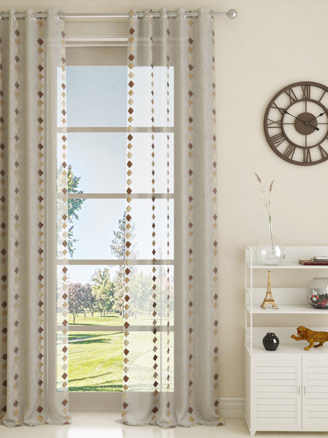 GM White & Brown Embroidered Sheer Door Curtain