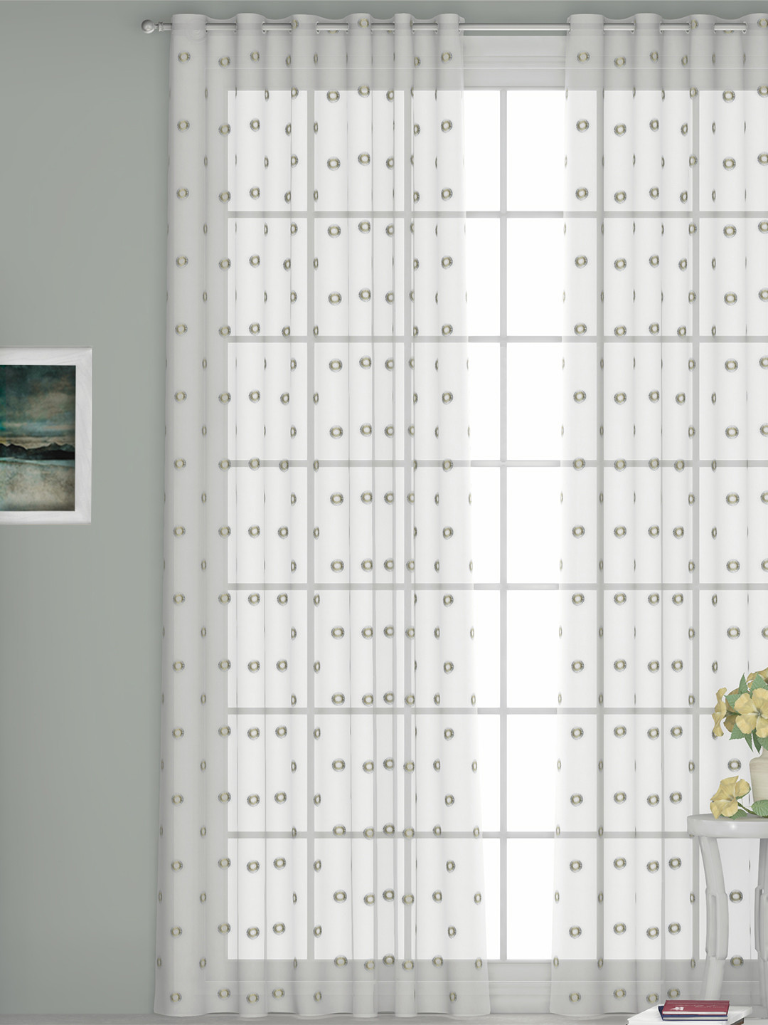 GM White & Green Embroidered Sheer Door Curtain