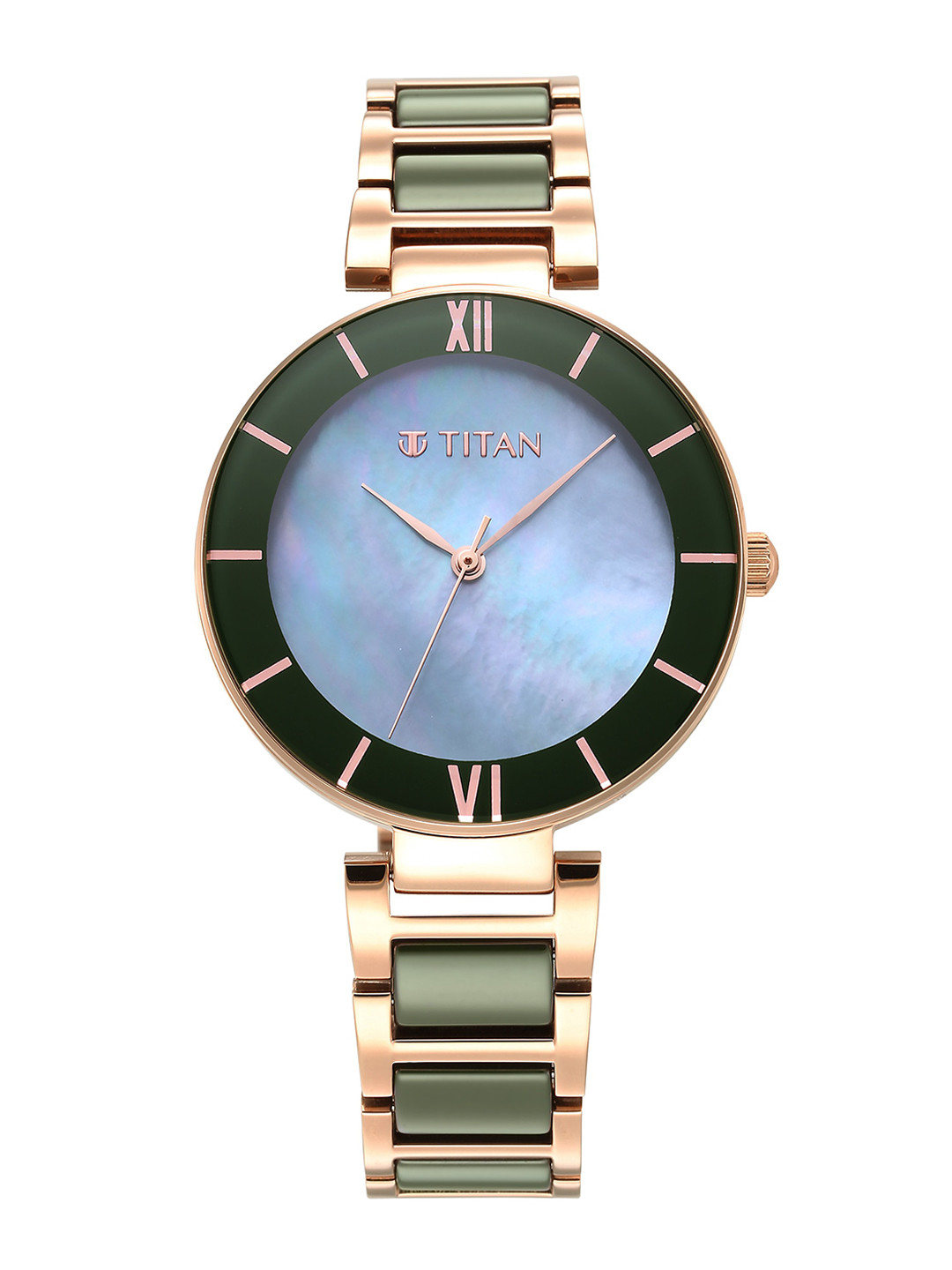 Titan Women Blue Mother of Pearl Dial & Rose Gold-Plated Ceramic Bracelet Style Straps Analogue Watch