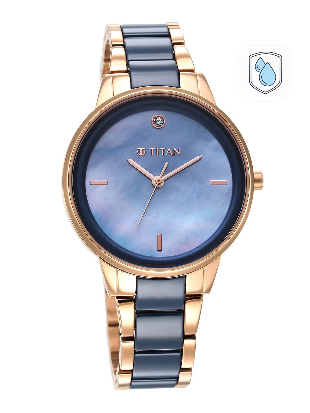 Titan Women Blue Mother of Pearl Dial & Rose Gold-Plated Ceramic Bracelet Style Straps Analogue Watch