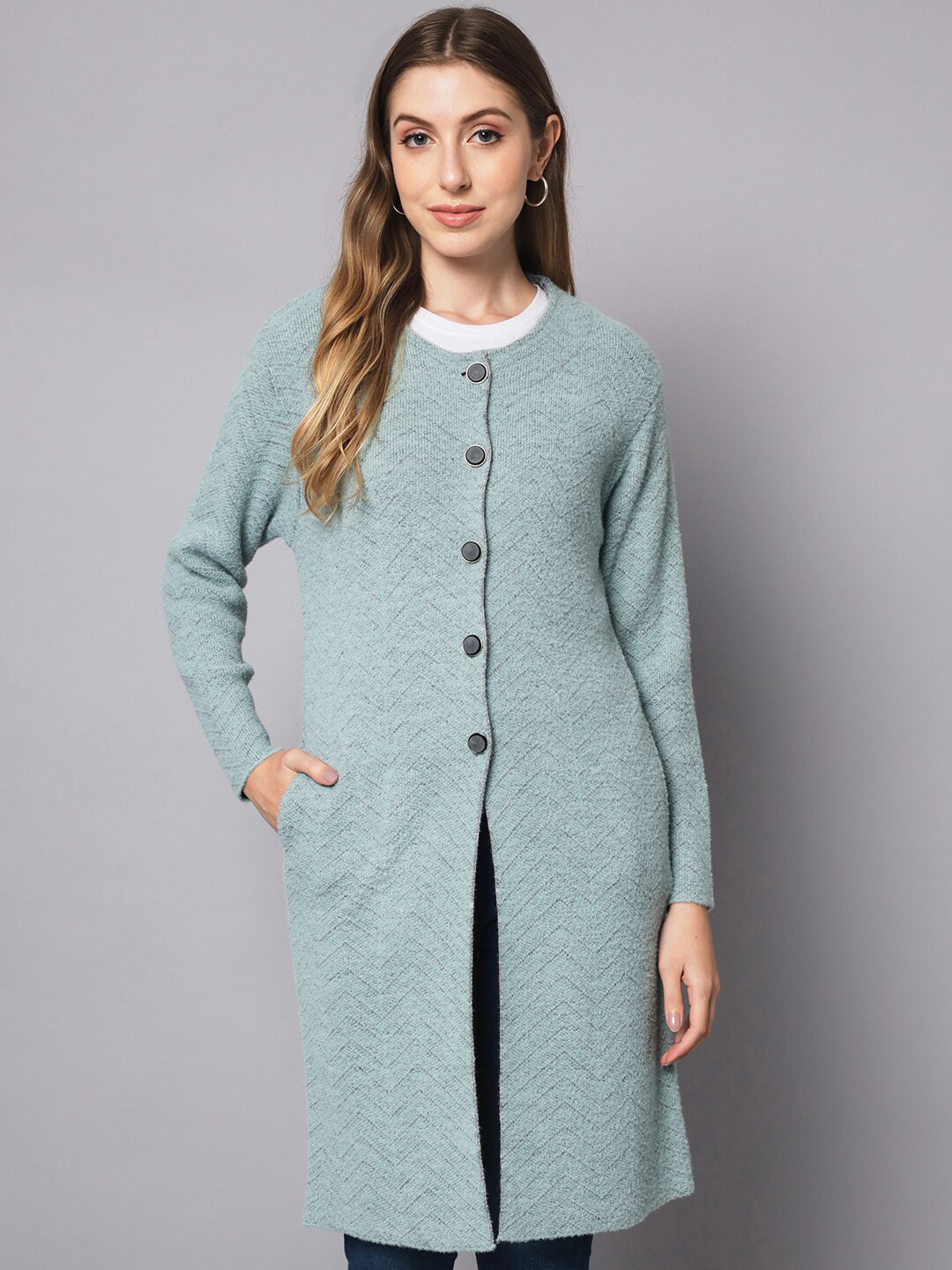 BROOWL Women Green Chevron Longline Wool Cardigan