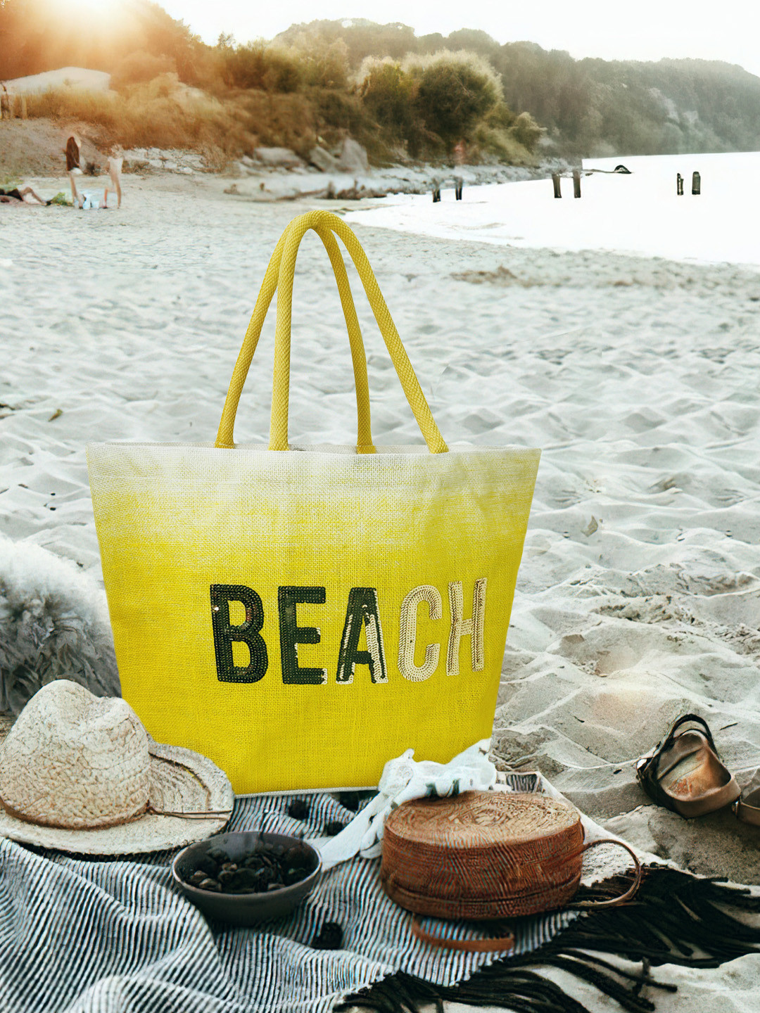 earthbags Yellow Jute Embellished Oversized Shopper Tote Bag