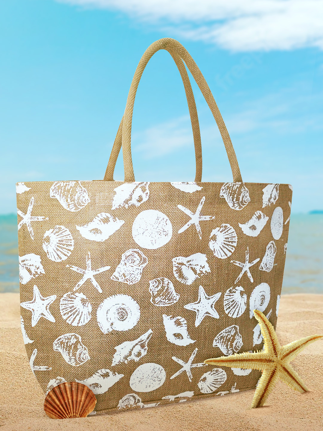 earthbags Beige Jute Printed Oversized Shopper Tote Bag