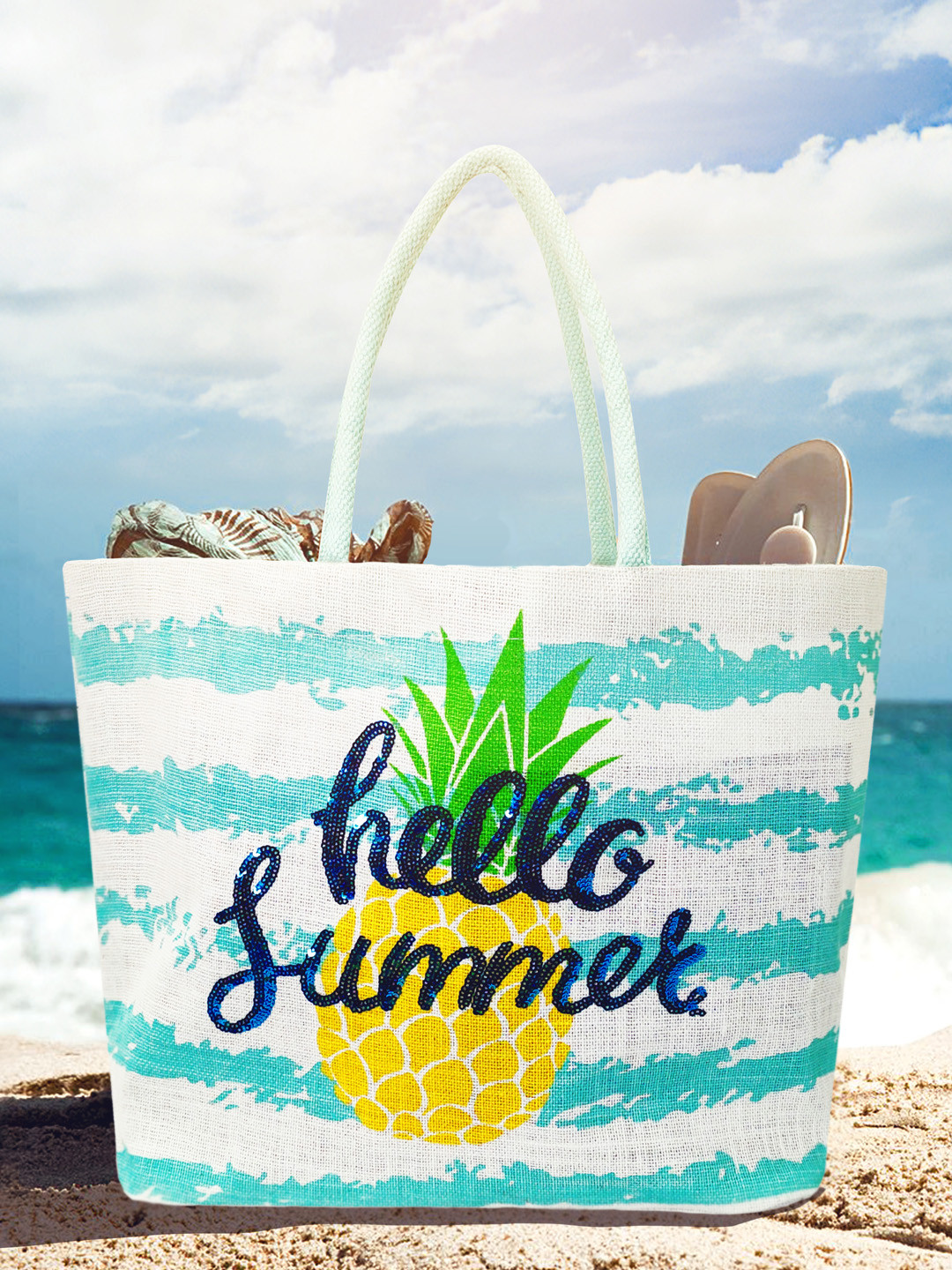 earthbags Blue Jute  Printed Oversized Shopper Tote Bag