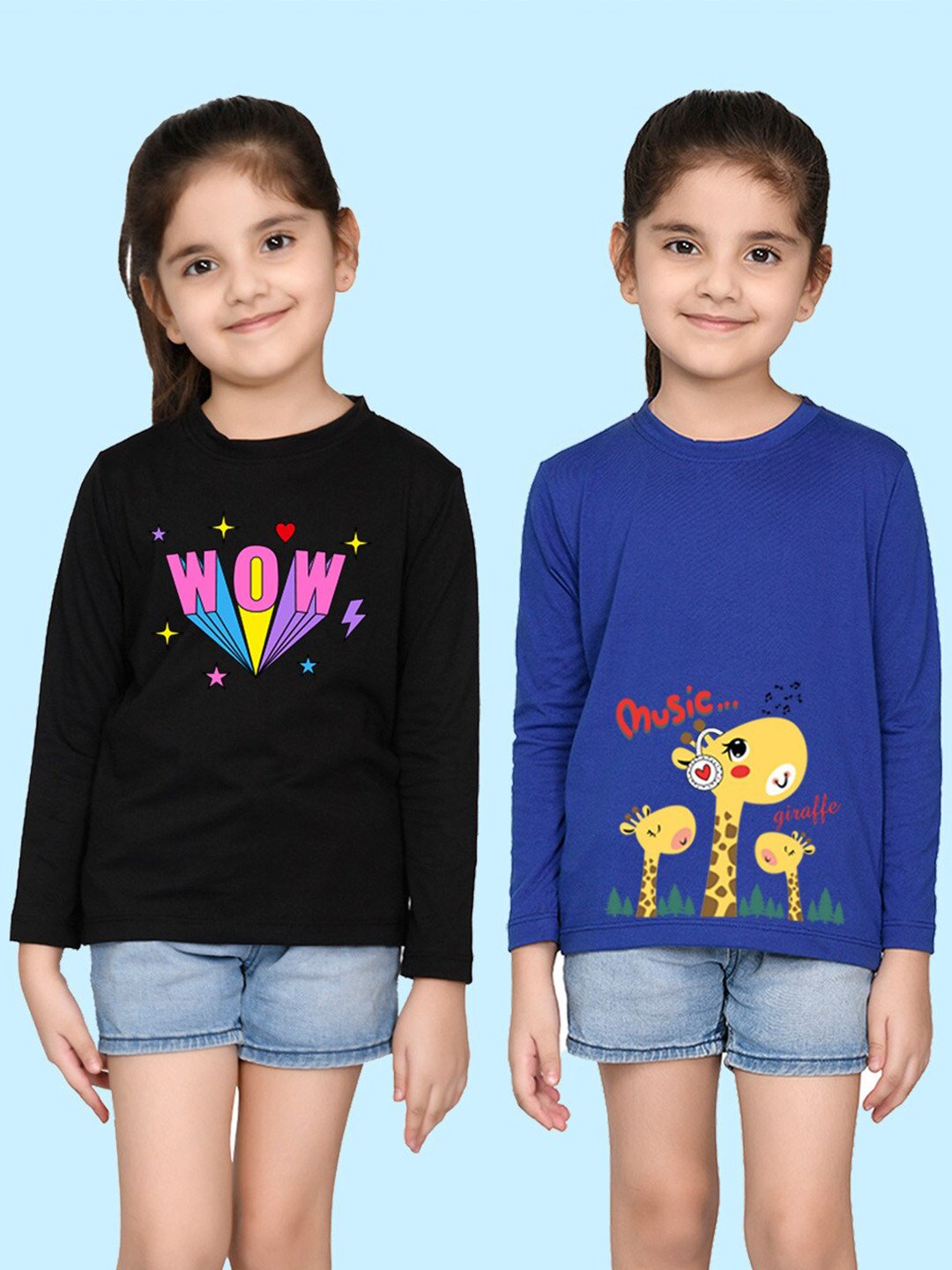 NUSYL Girls Black & Blue Pack of 2 Graphic Printed T-shirts
