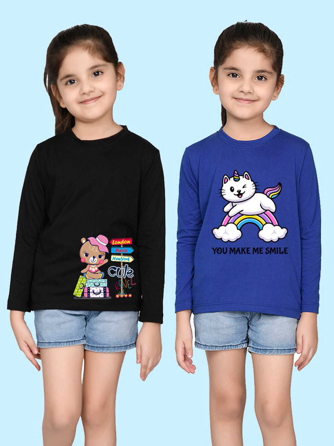 NUSYL Girls Black & Blue Pack of 2 Graphic Printed T-shirts