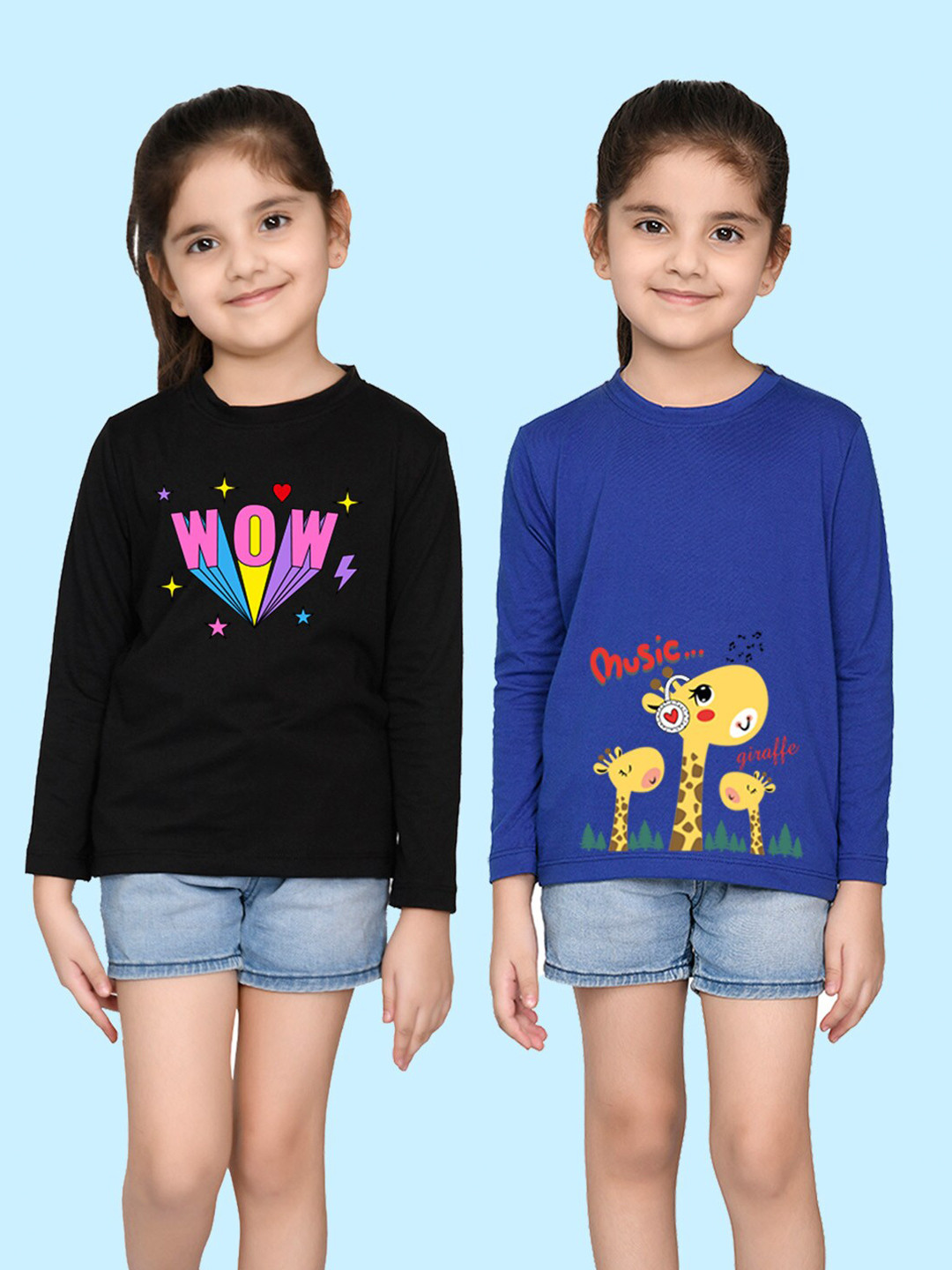 NUSYL Girls Black & Blue Pack of 2 Graphic Printed T-shirts