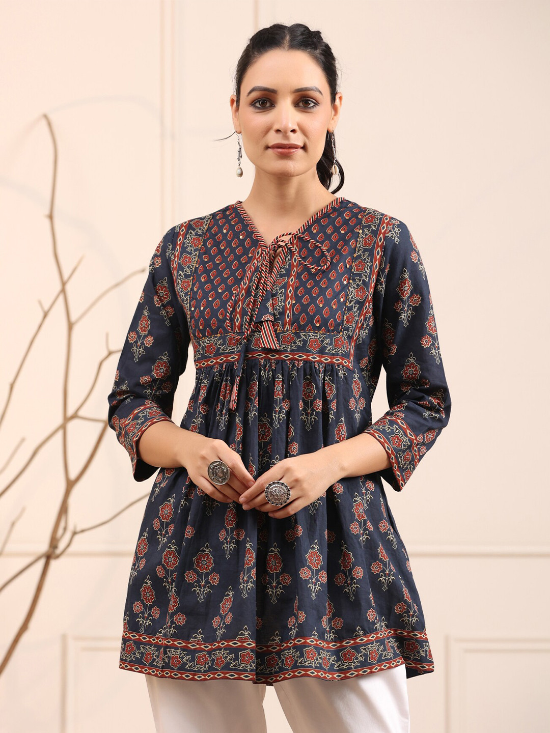 Rain & Rainbow Blue & Rust Floral Printed Pure Cotton Empire Kurti