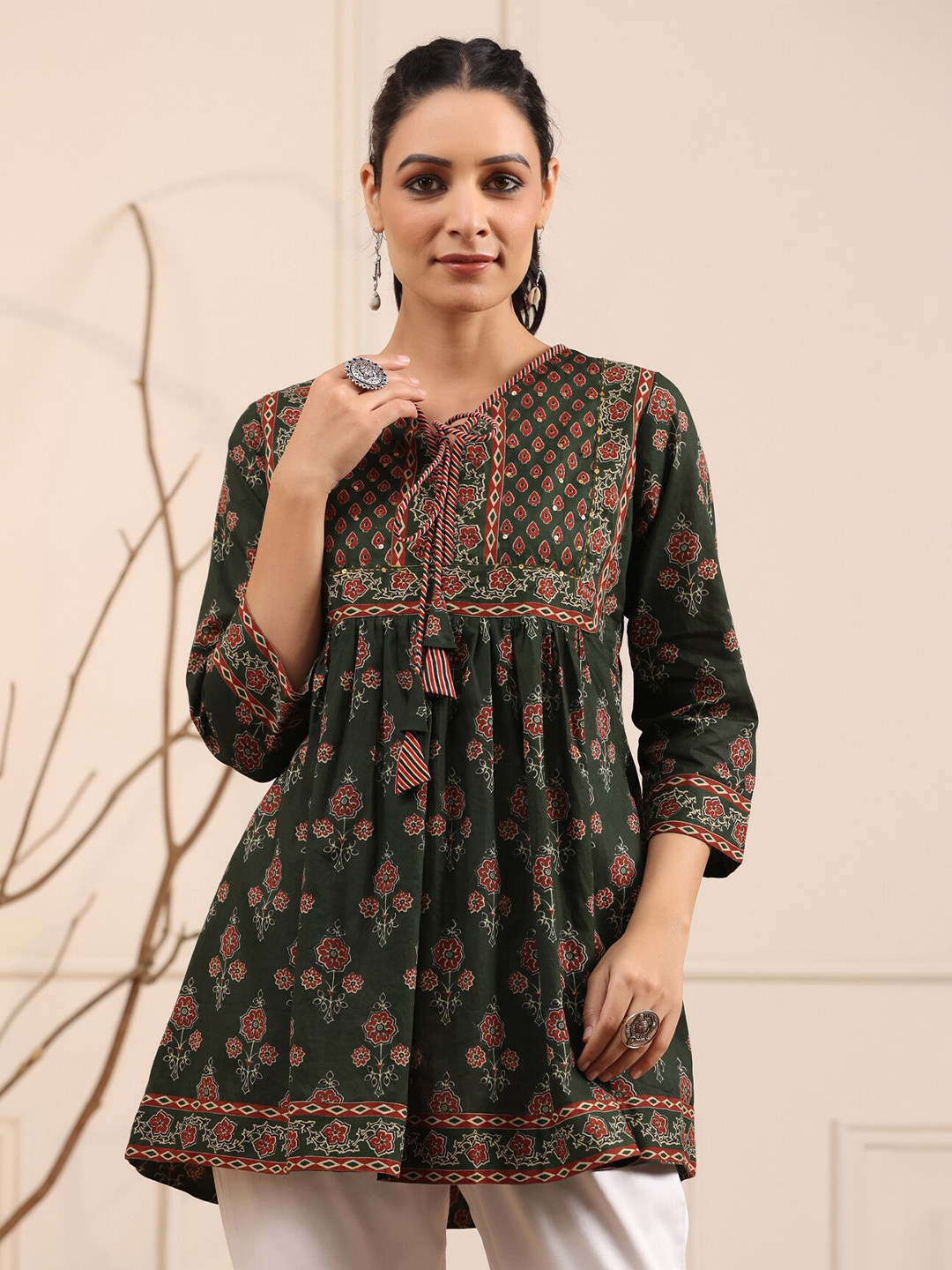 Rain & Rainbow Green & Maroon Floral Printed Sequinned Pure Cotton Sequinned Kurti