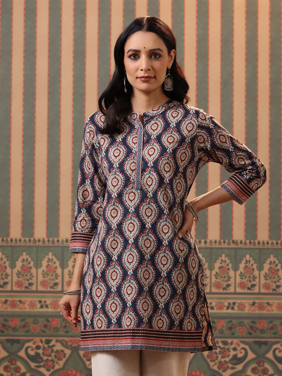 Rain & Rainbow Blue & Beige Ethnic Motifs Printed Pure Cotton Kurti
