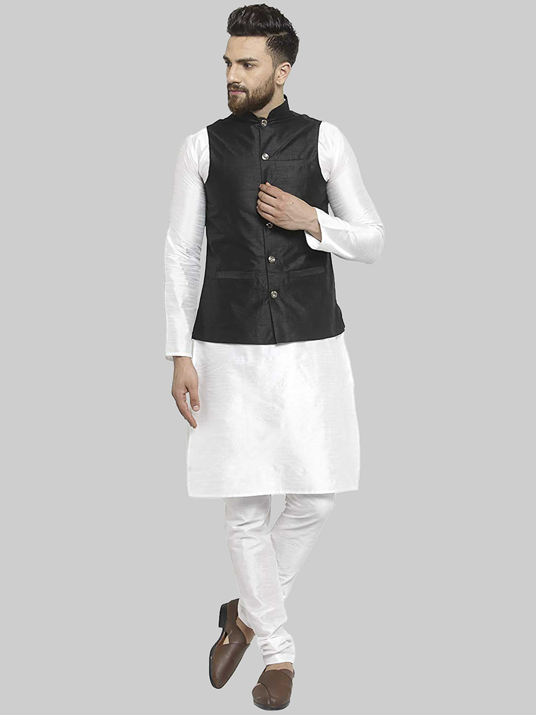 ROYAL KURTA Men White Kurta with Churidar And Nehru Jacket