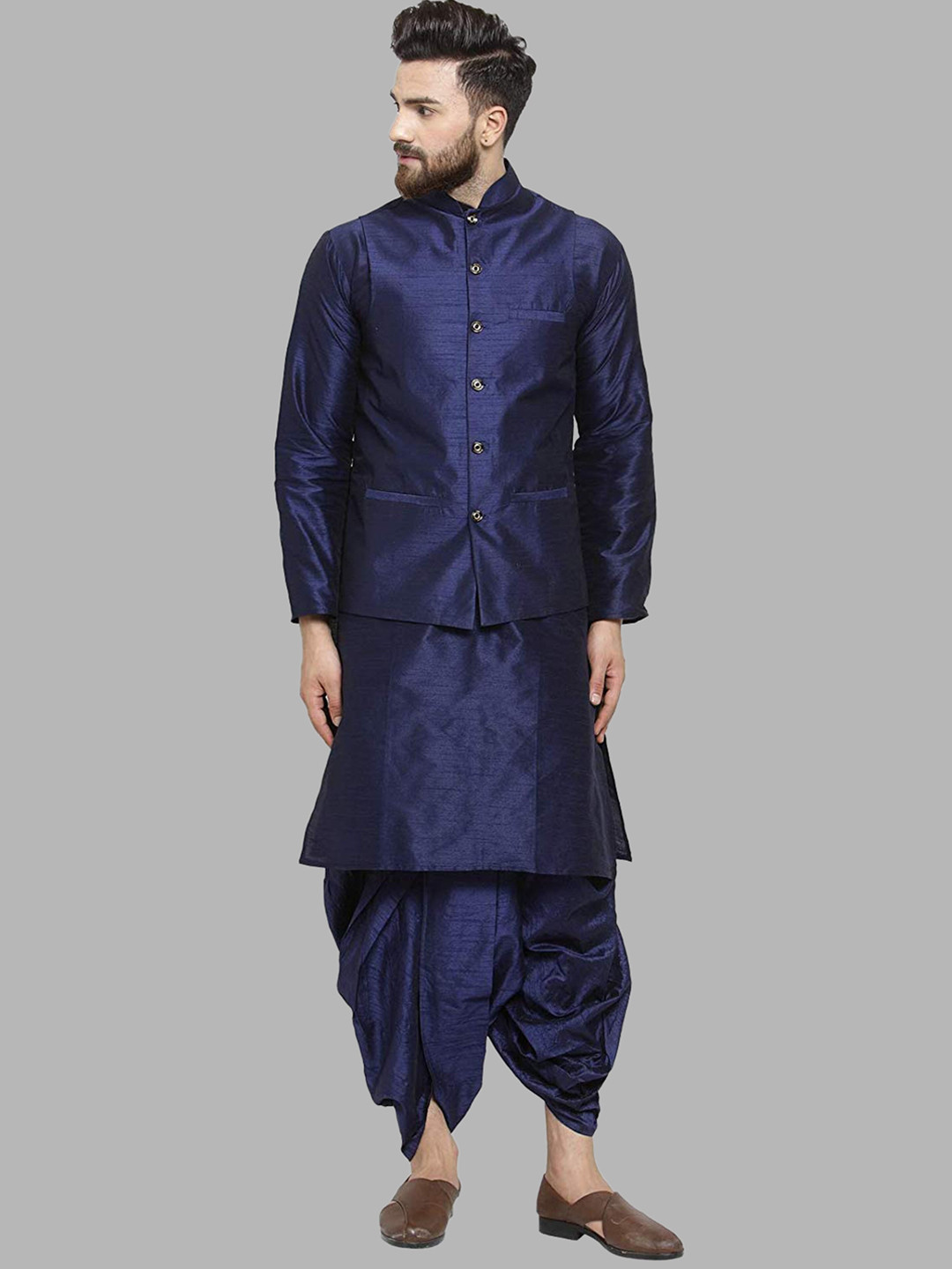 ROYAL KURTA Men Navy Blue Kurta with Dhoti Pants And Nehru Jacket