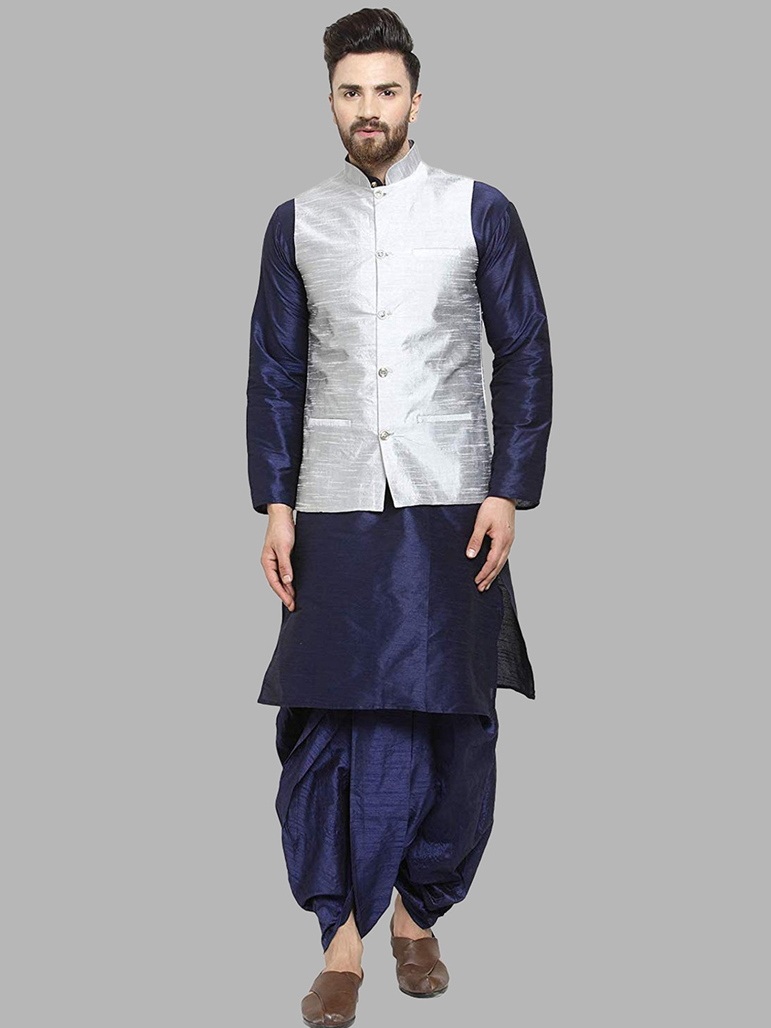 ROYAL KURTA Men Navy Blue Kurta with Dhoti Pants And Nehru Jacket