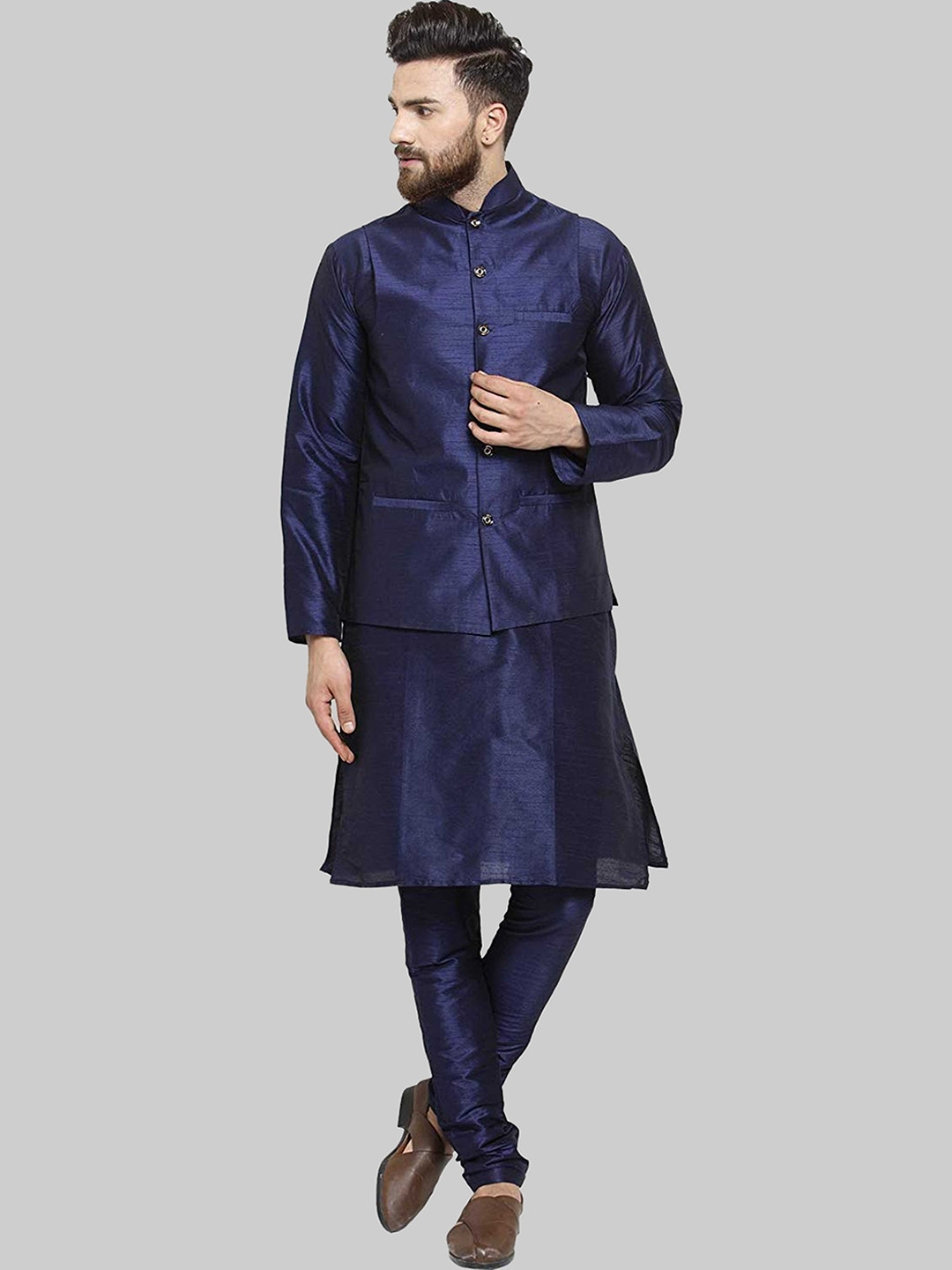 ROYAL KURTA Men Navy Blue Kurta with Churidar And Nehru Jacket