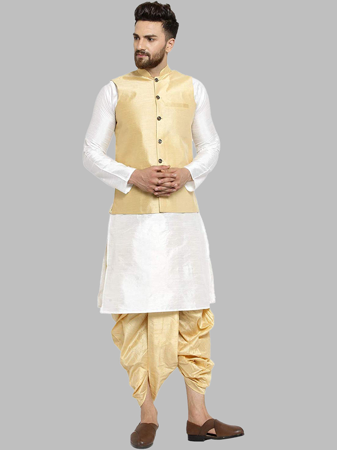 ROYAL KURTA Men White Kurta with Dhoti Pants And Nehru Jacket