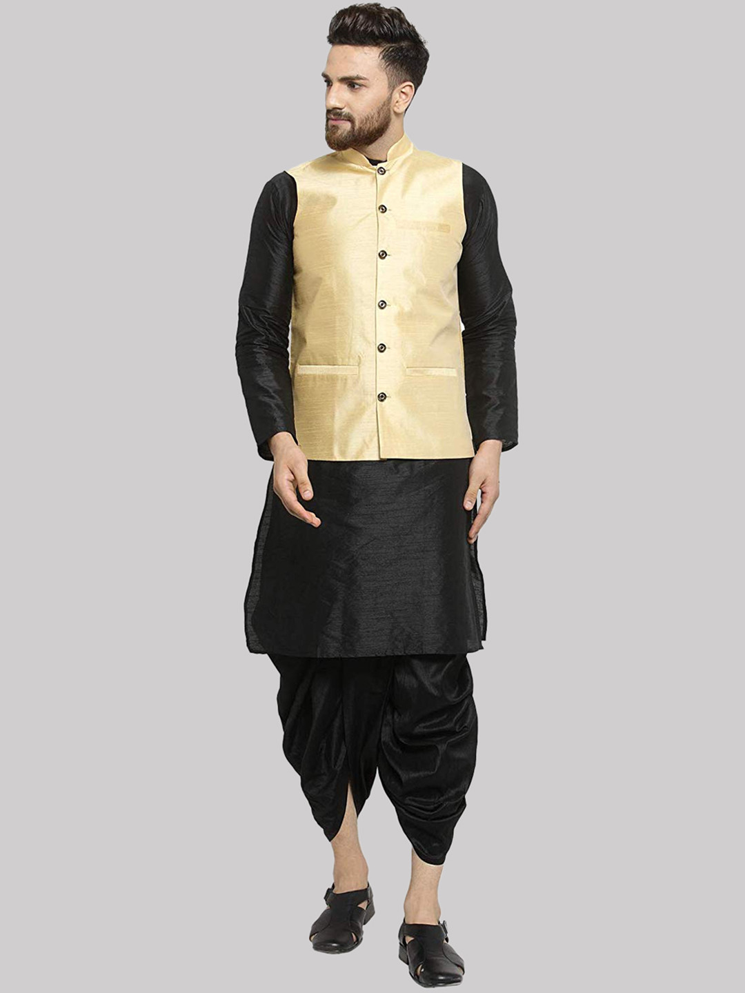 ROYAL KURTA Men Black Kurta with Dhoti Pants And Nehru Jacket