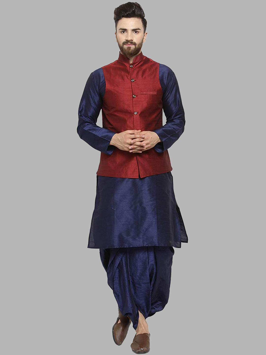 ROYAL KURTA Men Navy Blue Kurta with Dhoti Pants And Nehru Jacket