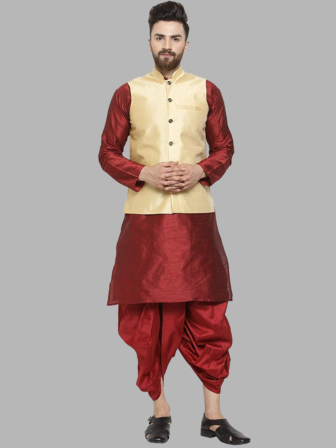 ROYAL KURTA Men Maroon Kurta with Dhoti Pants And Nehru Jacket