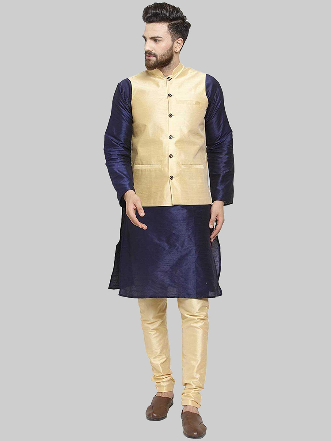 ROYAL KURTA Men Navy Blue Kurta with Churidar & Nehru Jacket