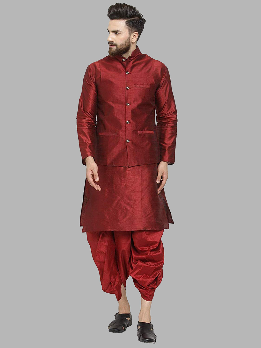 ROYAL KURTA Men Maroon Kurta with Dhoti Pants & Nehru Jacket