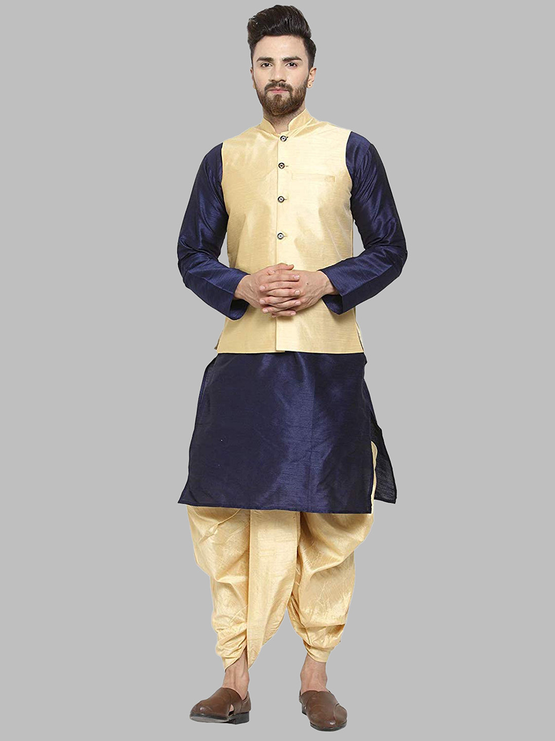 ROYAL KURTA Men Navy Blue Kurta with Dhoti Pants & Nehru Jacket