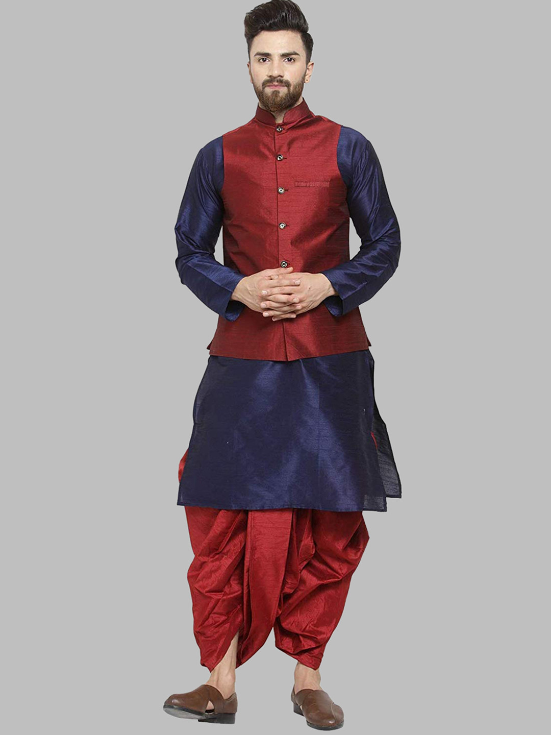 ROYAL KURTA Men Navy Blue Kurta with Dhoti Pants & Nehru Jacket