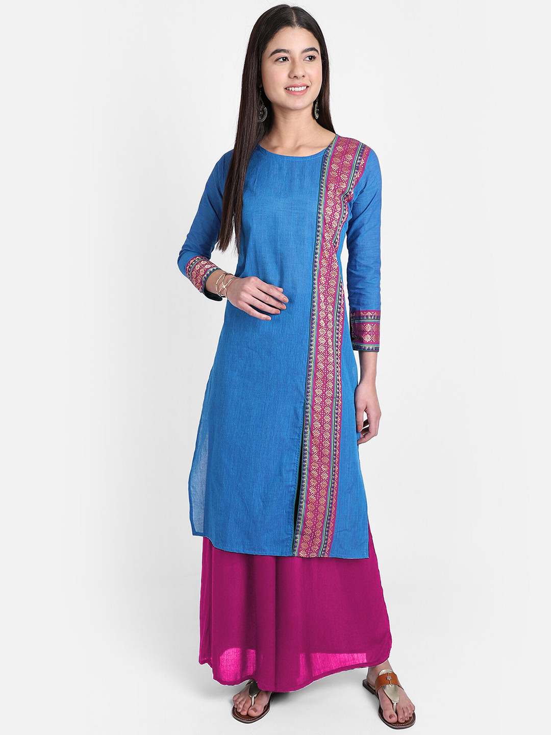 Resha Women Blue & Purple Ethnic Motifs Indie Prints Cotton Handloom Kurta