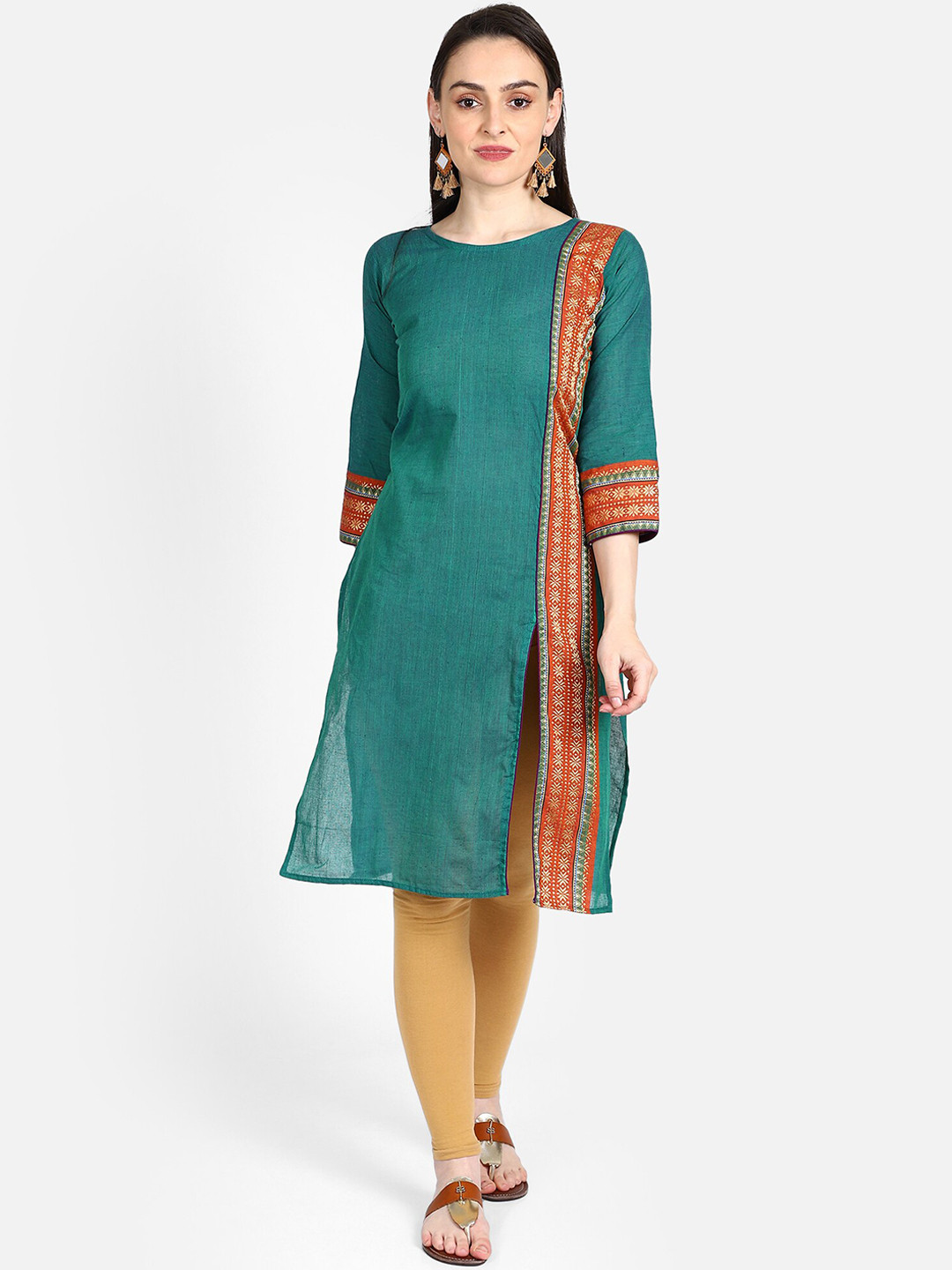 Resha Women Green & Orange Ethnic Motifs Indie Prints Khadi Cotton Handloom Kurta