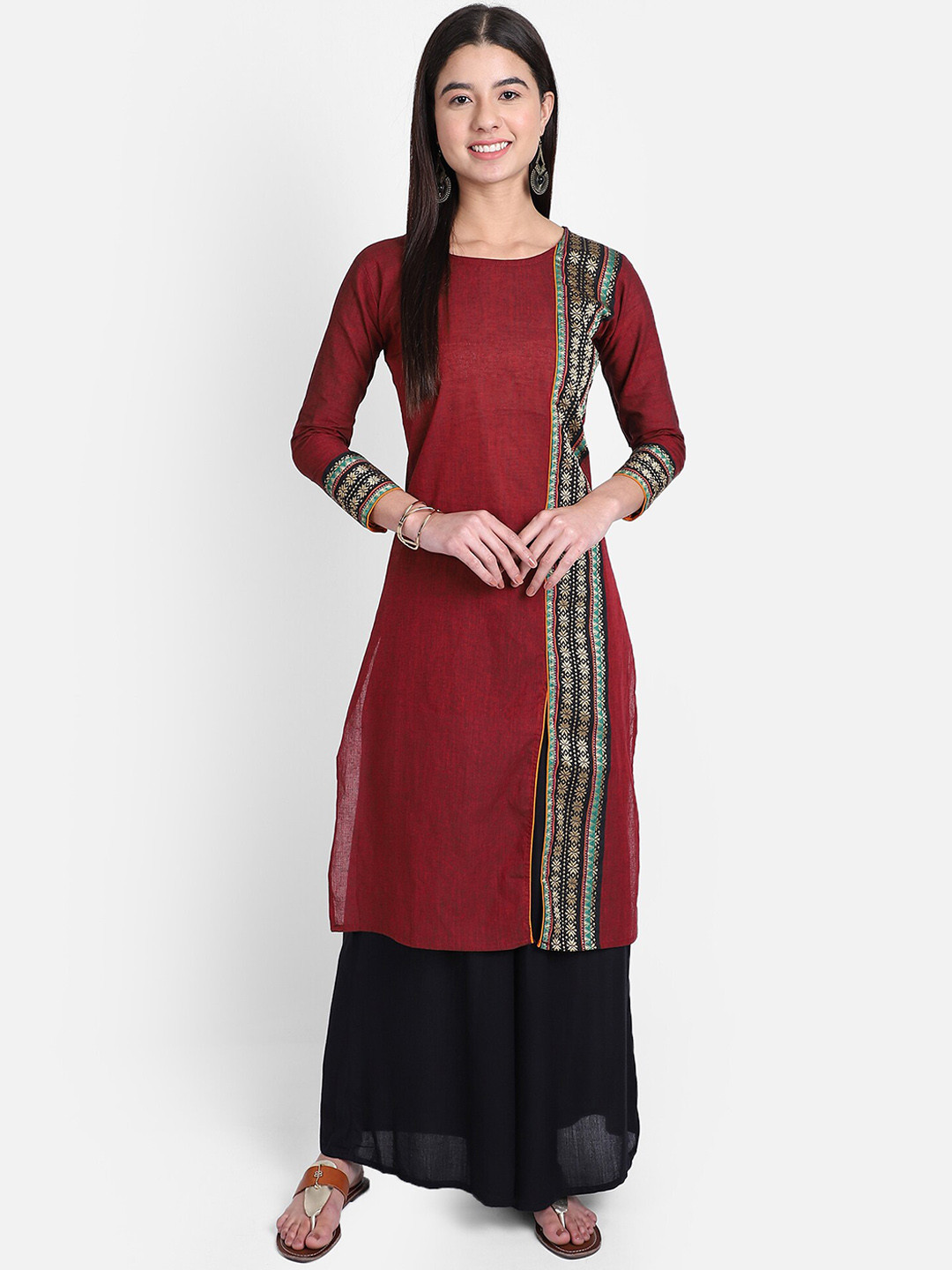 Resha Women Maroon & Black Ethnic Motifs Indie Prints Khadi Cotton Handloom Kurta