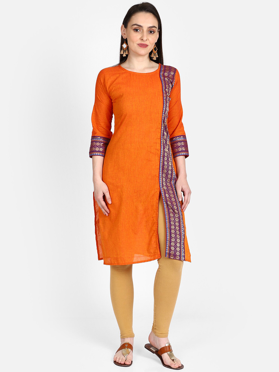 Resha Women Orange & Purple Ethnic Motifs Indie Prints Khadi Cotton Handloom Kurta