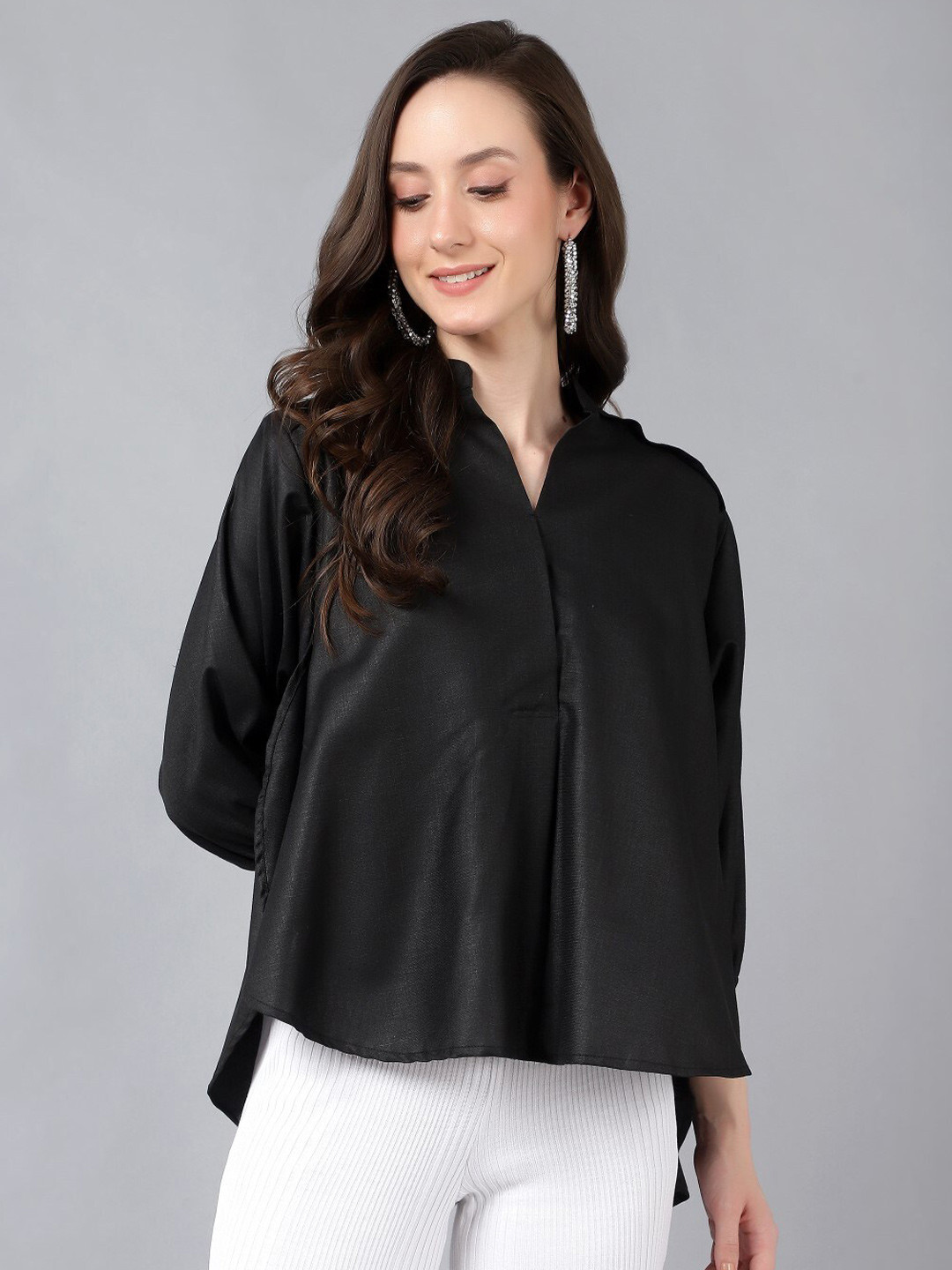 Bani Women Black Mandarin Collar High Low Top