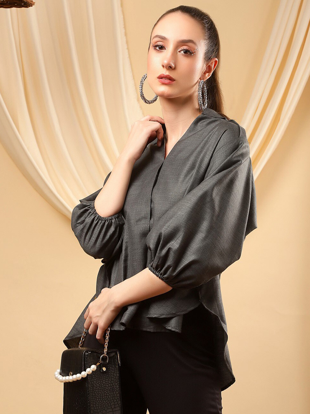 Bani Women Grey Mandarin Collar High Low Top