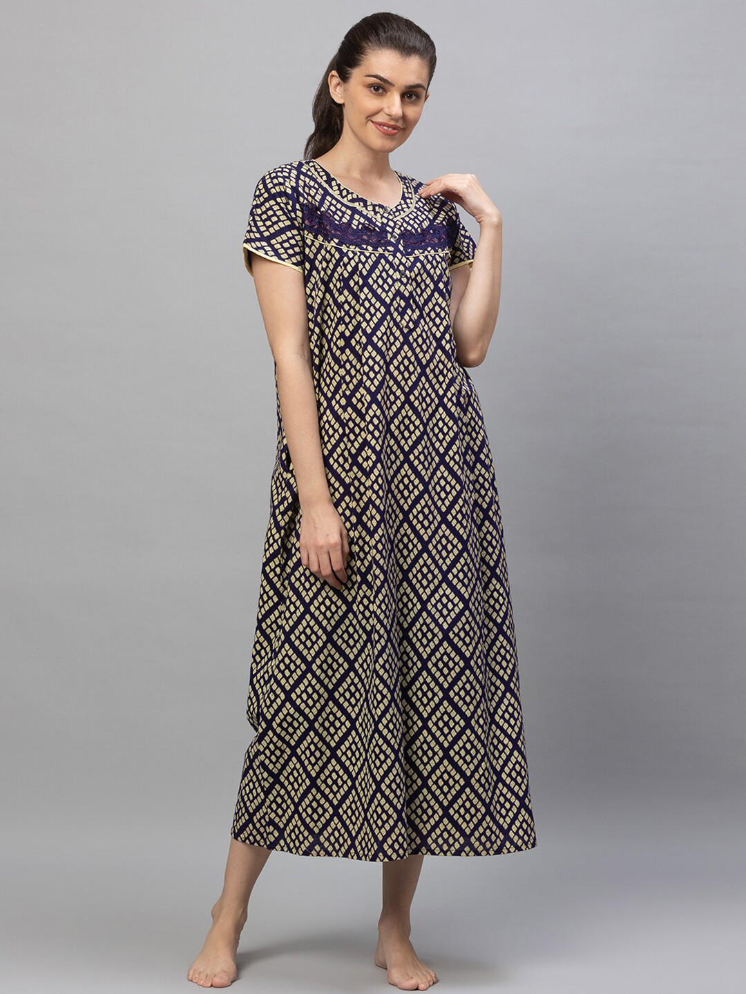 AV2 Women Navy Blue Printed Cotton Maxi Maternity Nightdress