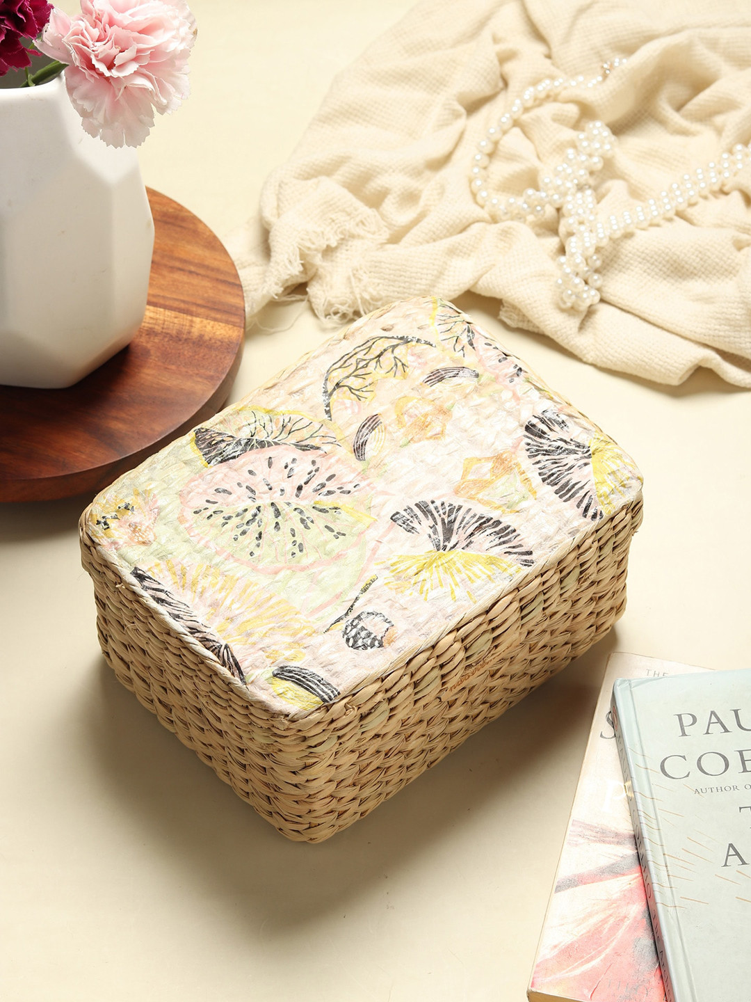 HABERE INDIA Cream Bamboo Storage Basket With Lid