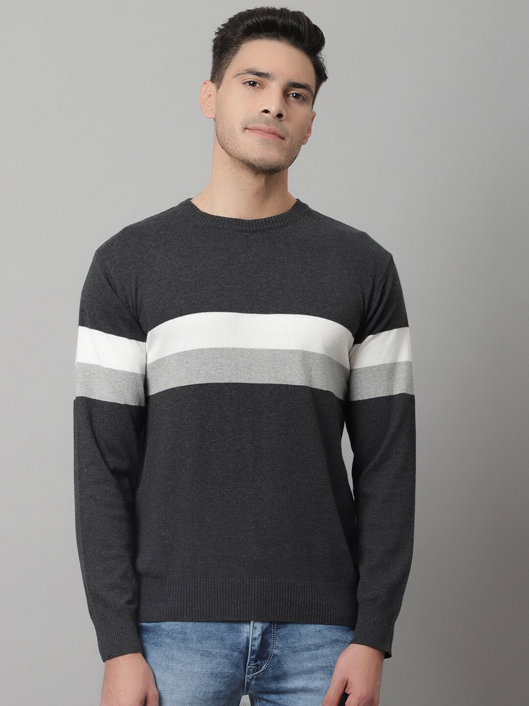 Cantabil Men Grey Melange & White Striped Long Sleeves Wool Pullover