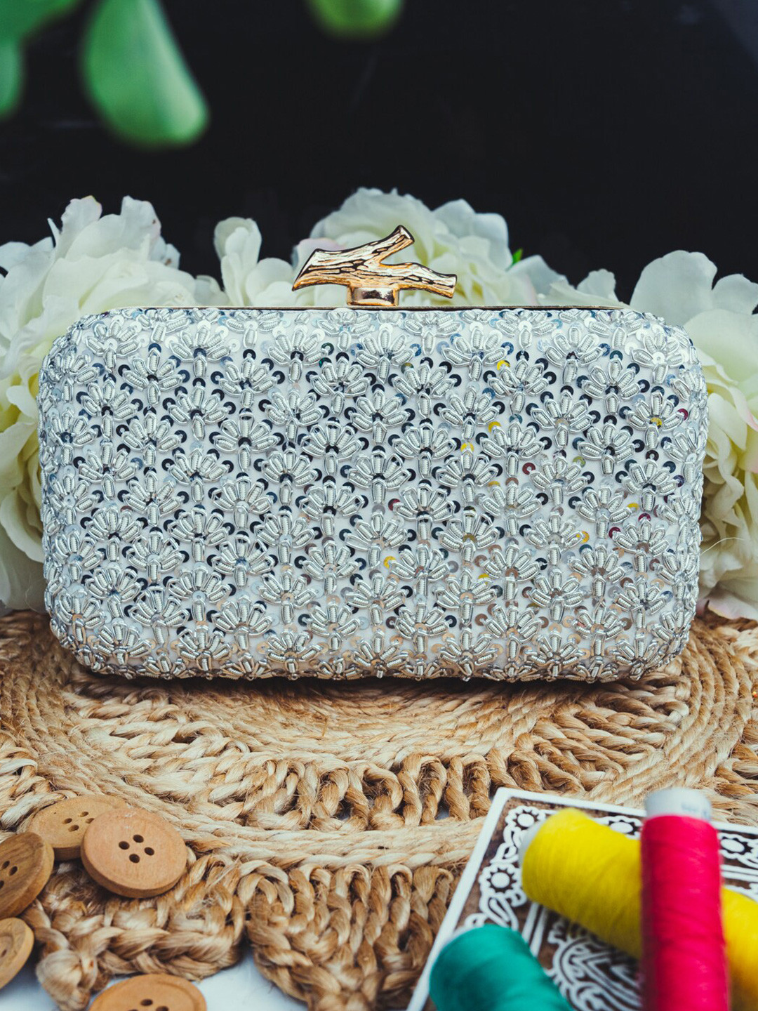 NR By Nidhi Rathi Silver-Toned & Gold-Toned Embroidered Embellished Box Clutch