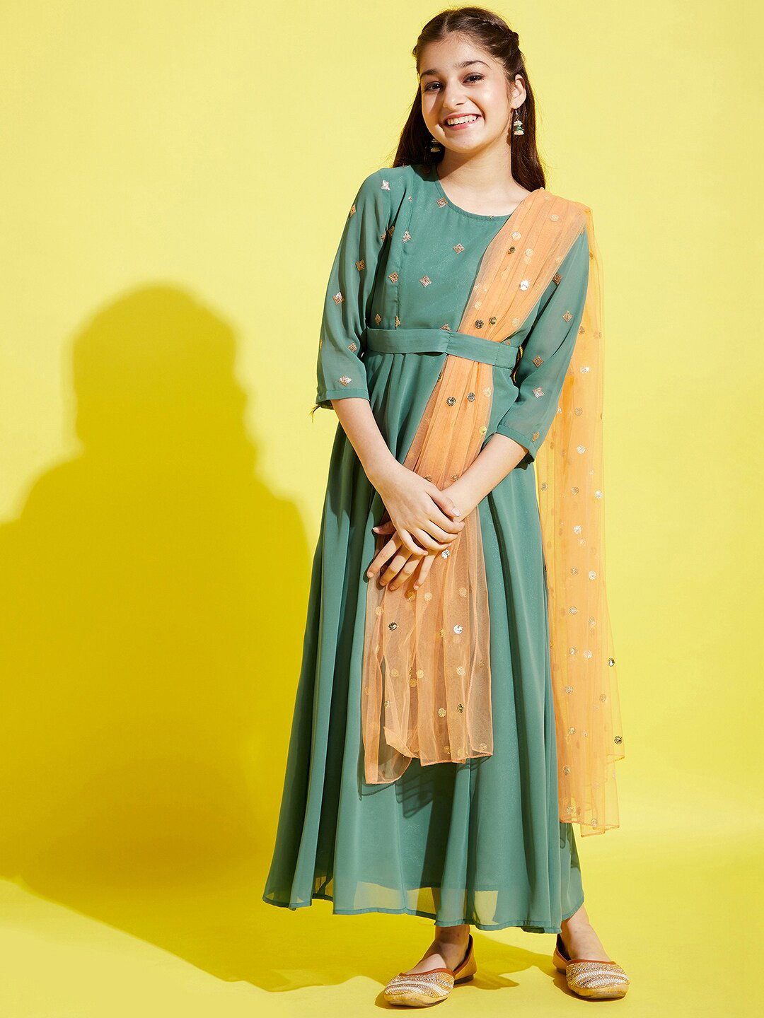 Cherry & Jerry Girls Sea Green Georgette Anarkali Kurta With Dupatta