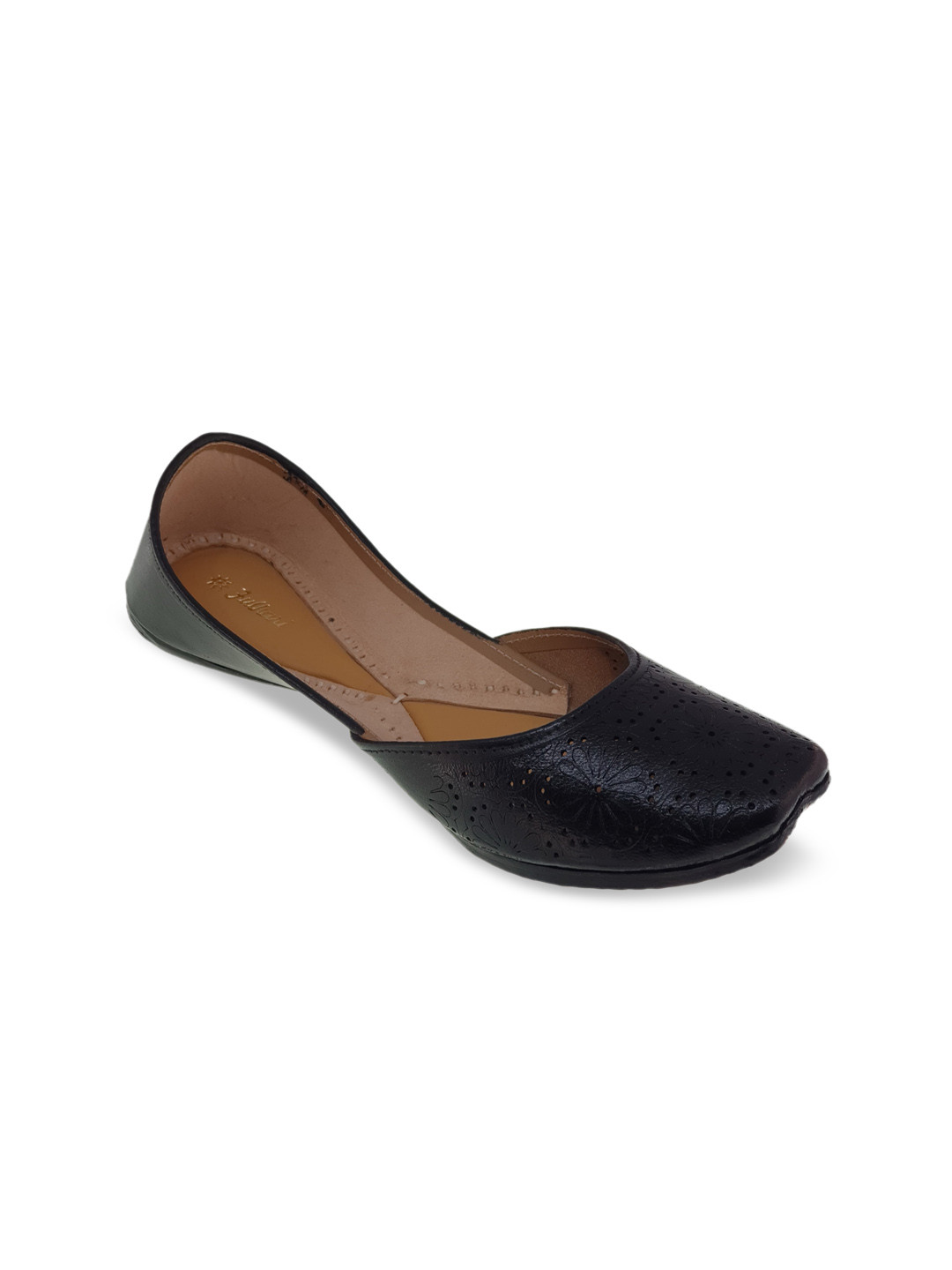Fulkari Women Black Mojaris with Laser Cuts Flats