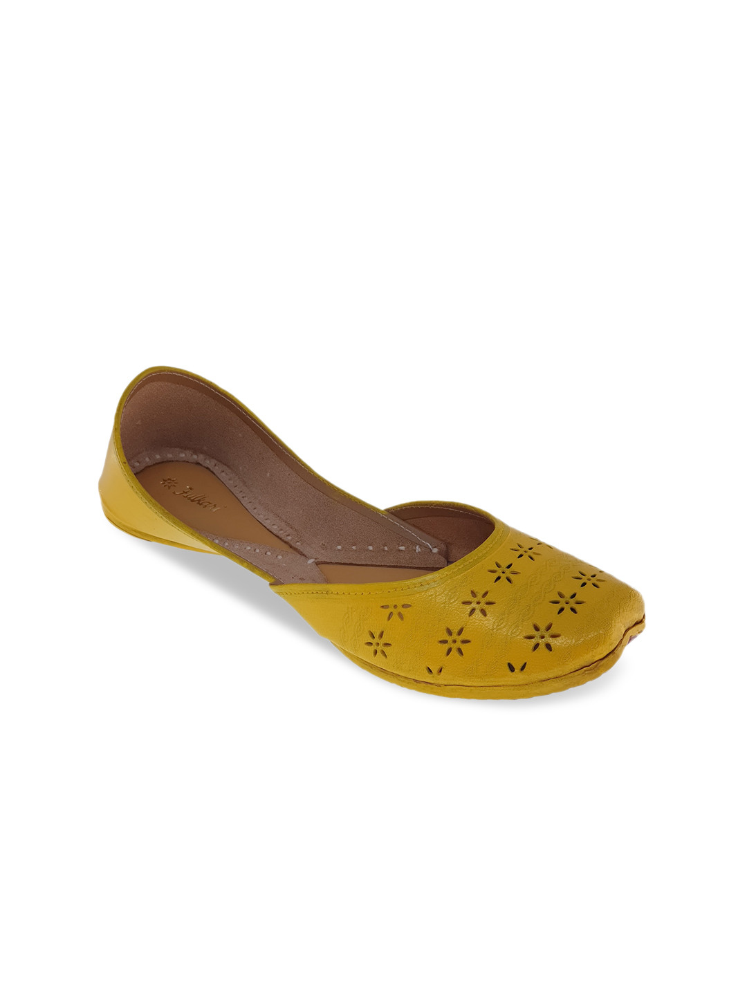 Fulkari Women Yellow Mojaris with Laser Cuts Flats