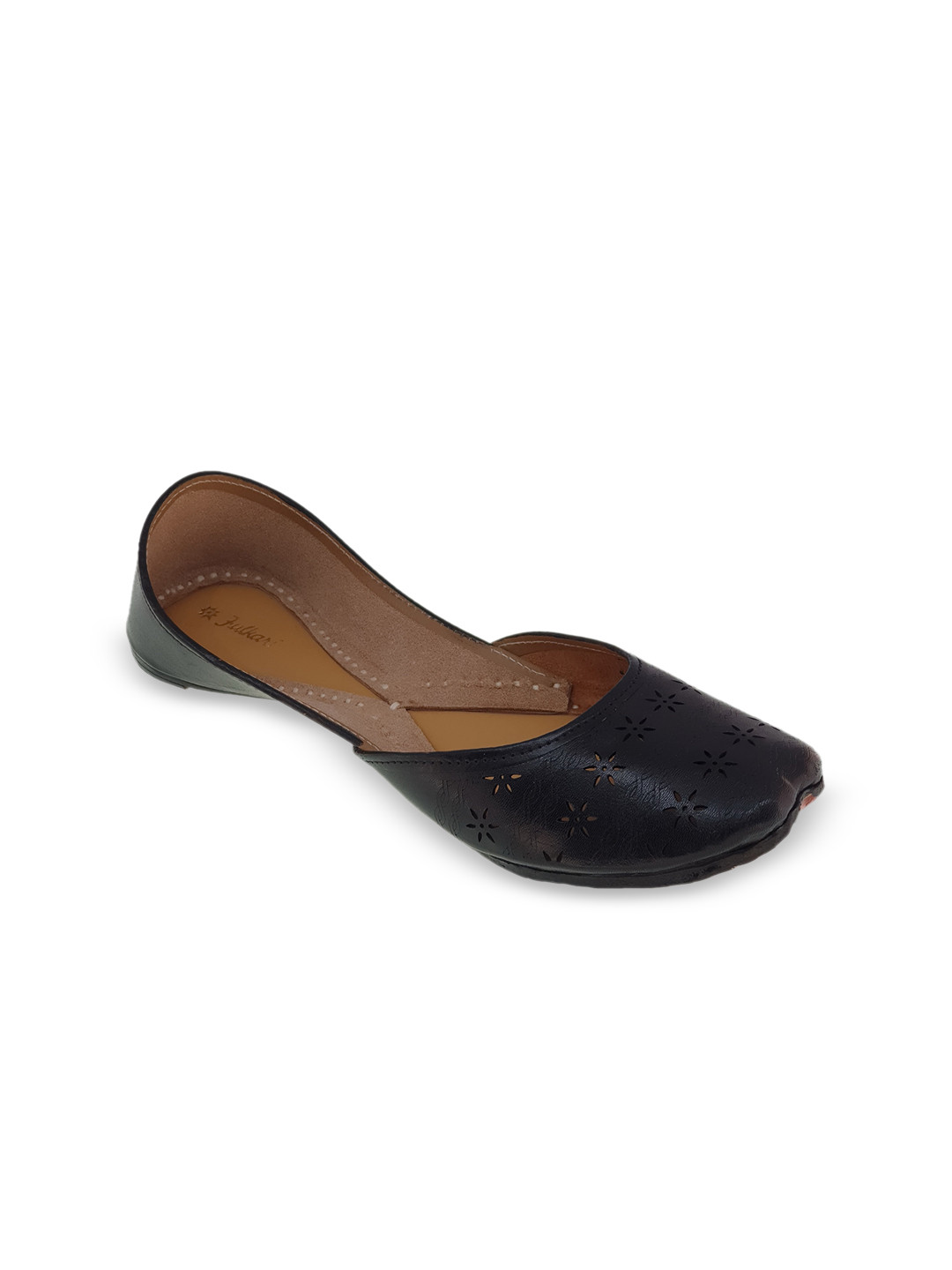 Fulkari Women Black Mojaris with Laser Cuts Flats