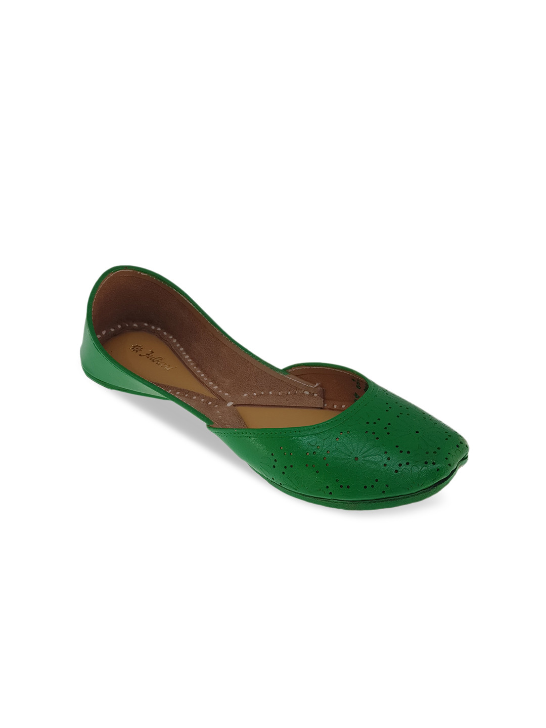 Fulkari Women Lime Green Mojaris with Laser Cuts Flats