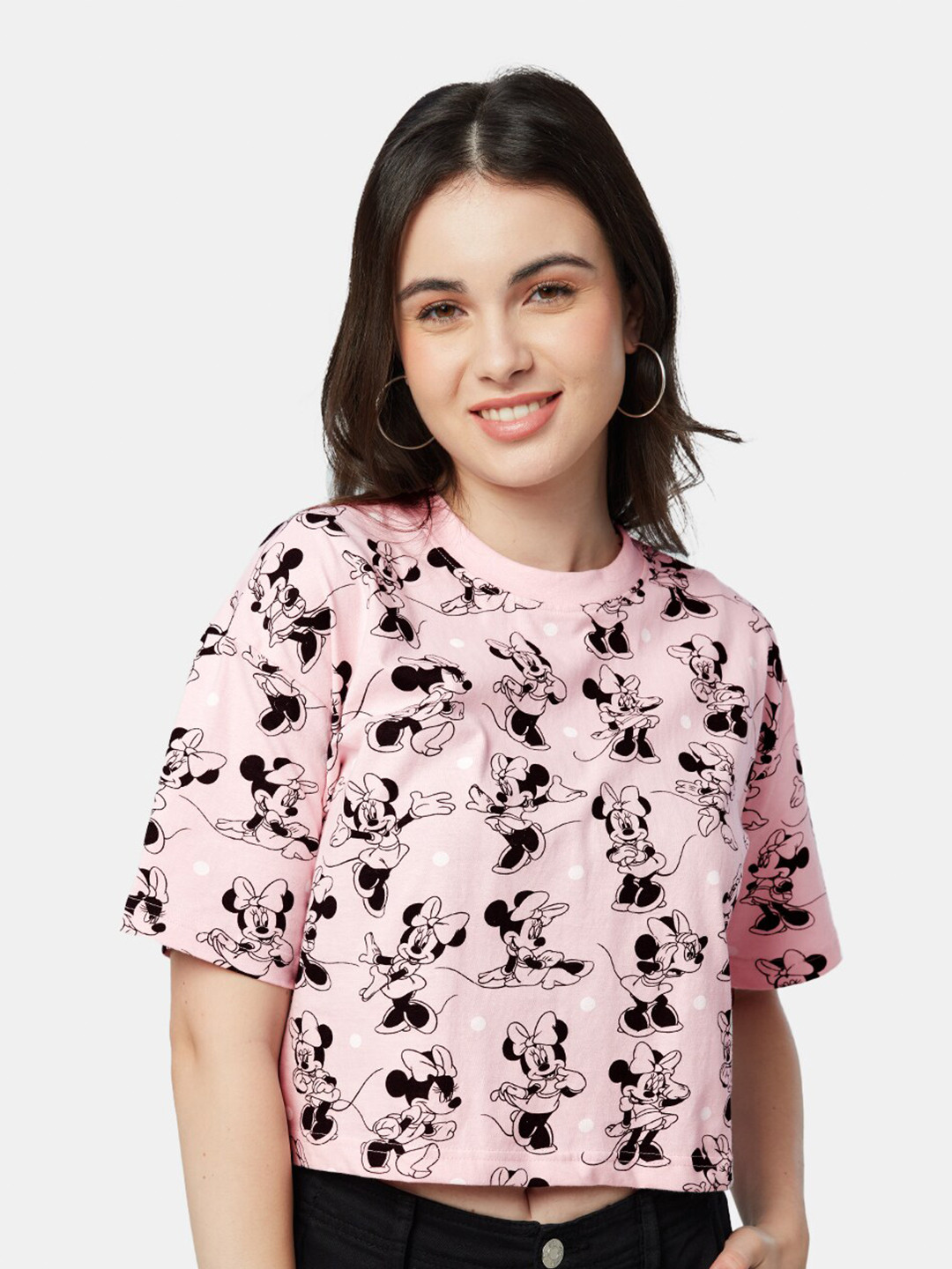 The Souled Store Women Pink & Black Printed High Neck Cotton Oversized T-shirt