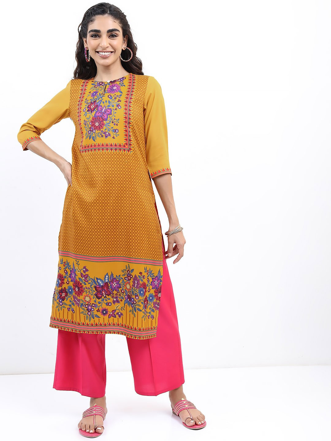 KETCH Women Mustard Yellow & Purple Floral Printed Kurta