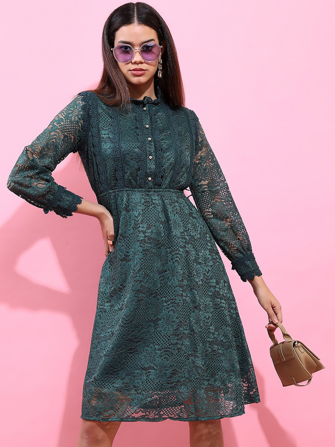Tokyo Talkies Green Lace-Up Self Design A-Line Dress