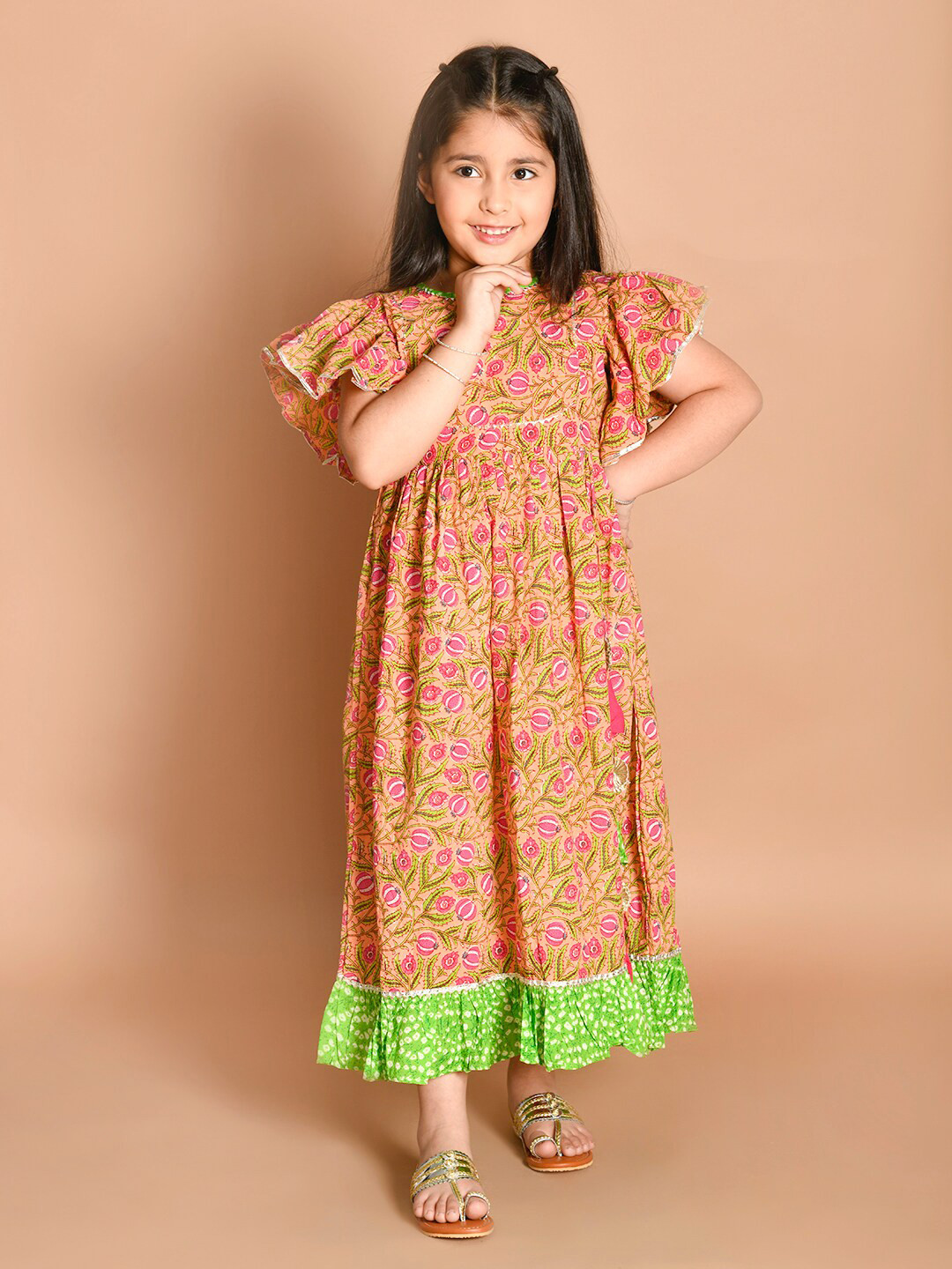 LIL PITAARA Peach Floral A-Line Maxi Dress