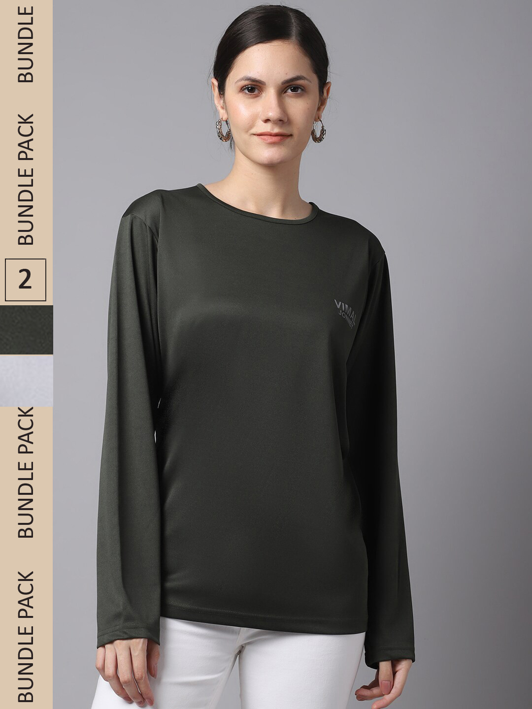 MACK JONNEY JONNEY Women Olive Green & Grey Melange Pack of 2 Dry-Fit T-shirt
