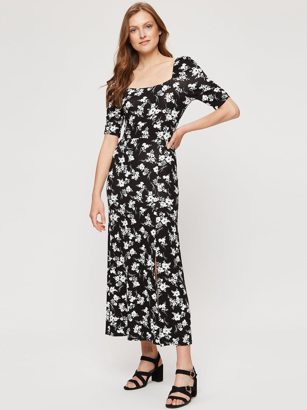 DOROTHY PERKINS Black & White Floral Print A-Line Midi Dress